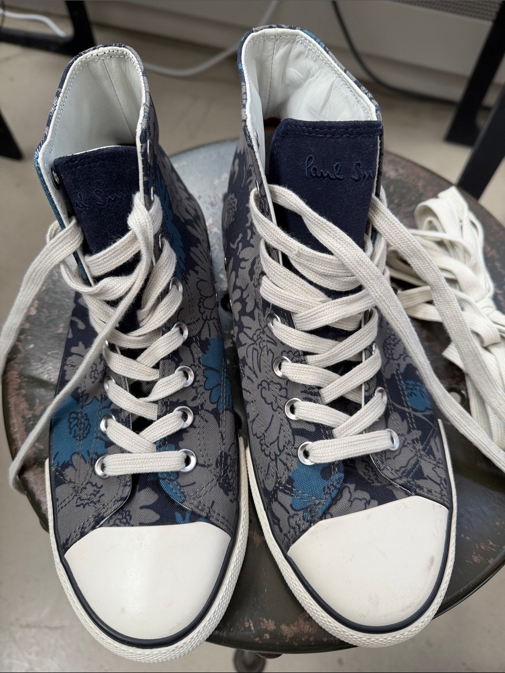 Paul Smith black Blue Grey Floral High-Top Sneakers size 9 white leather lining